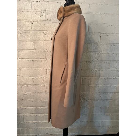 Vintage Jil Sander Wool Coat size DE 36 Camel w/ Fur Collar Double Breasted - Picture 9 of 10